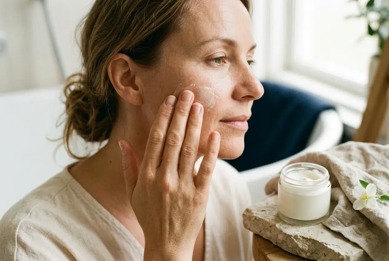 Hand die verzorgende crème aanbrengt op gezonde huid