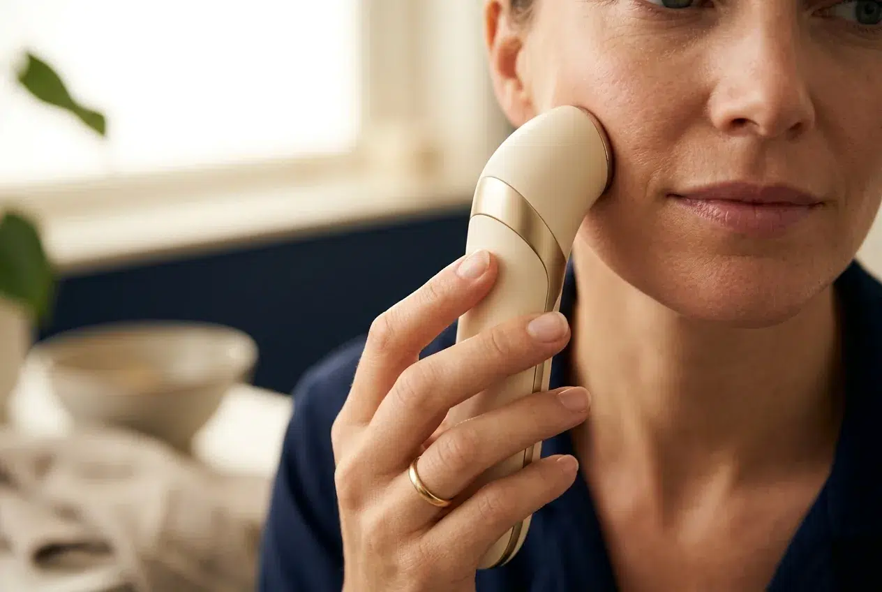 Vrouw gebruikt een beautyapparaat op haar gezicht, met zachte en gezonde huid