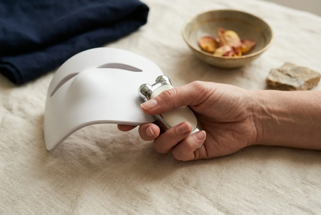Hand met een LED-masker en microcurrent apparaat op linnen achtergrond