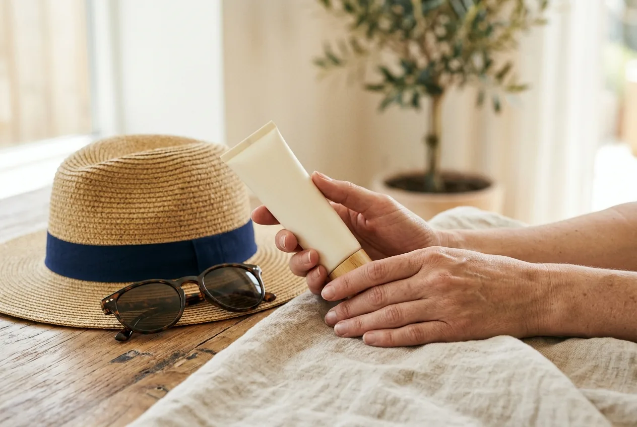 Handen met tube crème, zonnehoed en zonnebril
