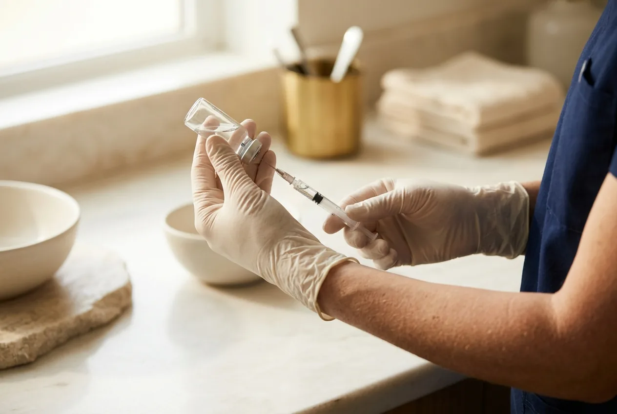 Handen met handschoenen bereiden een injectie voor in een schone ruimte