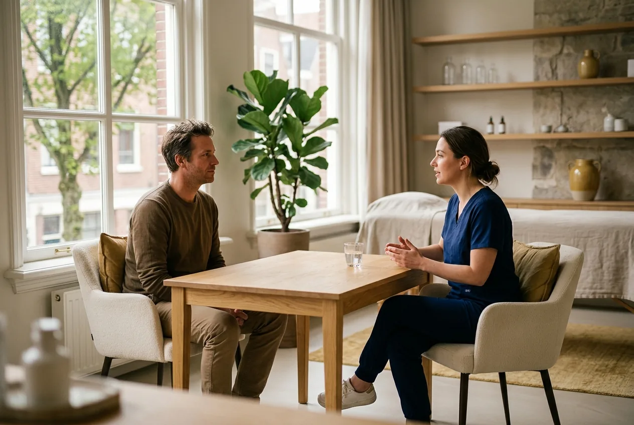 Man in gesprek met een behandelaar in een kliniek