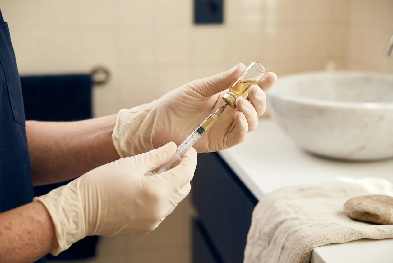 Handen van een behandelaar met handschoenen en een injectiespuit tegen een witte achtergrond