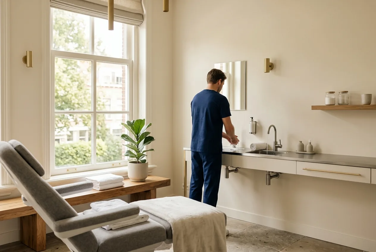 Behandelkamer met een behandelaar die zijn handen wast