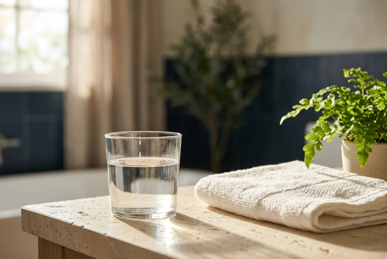 Glas water, opgerolde handdoek en plant in een rustige badkamer