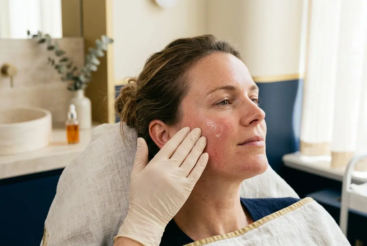 Huid die behandeld wordt met een transparant serum na microneedling