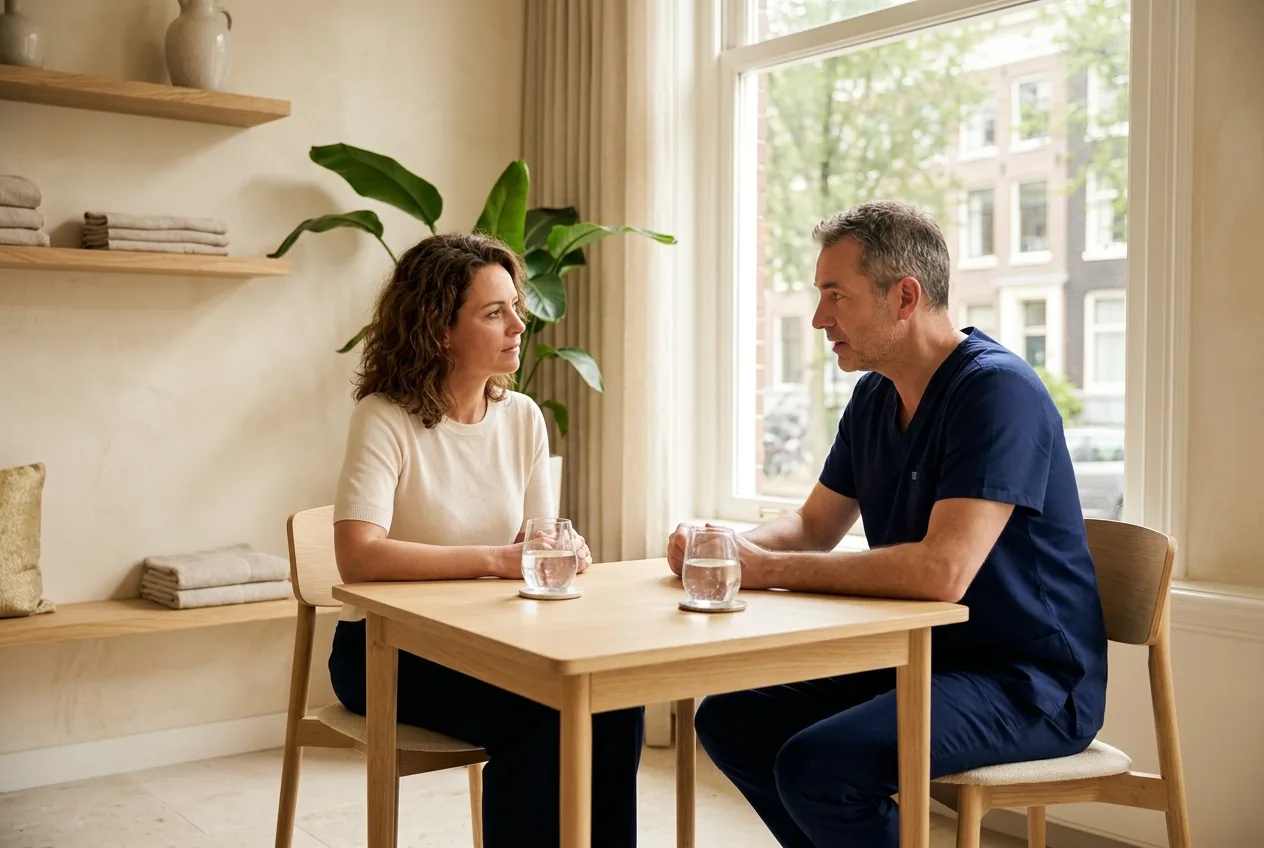 Client in gesprek met een behandelaar over het oplossen van filler