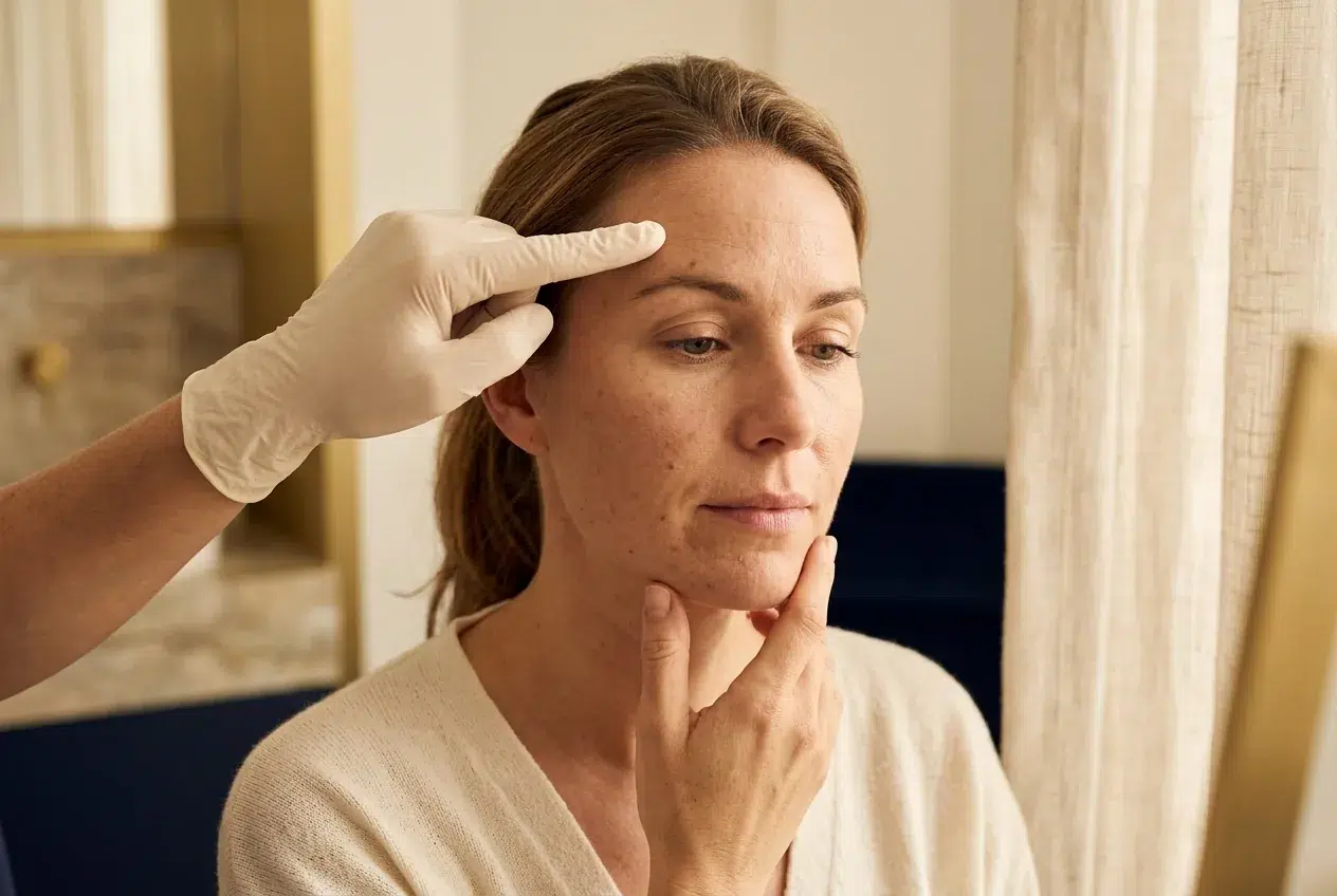 Vrouw krijgt uitleg over botox, met focus op het voorhoofd