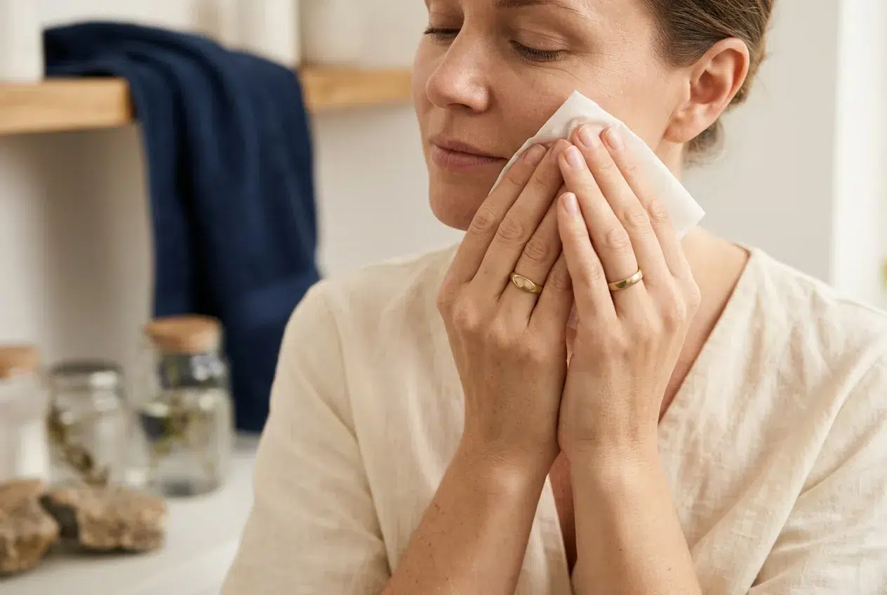 Vrouw gebruikt tissue voor gezichtstest, handen en wang in beeld