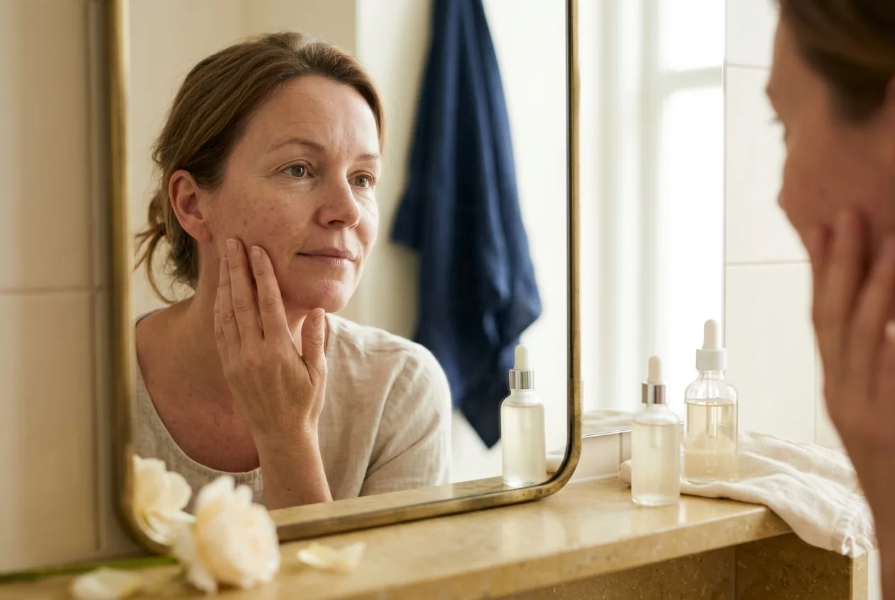 Vrouw van middelbare leeftijd kijkt in de spiegel en raakt haar wang aan