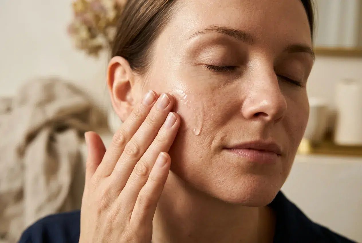 Hand brengt kalmerend serum aan op de huid na behandeling