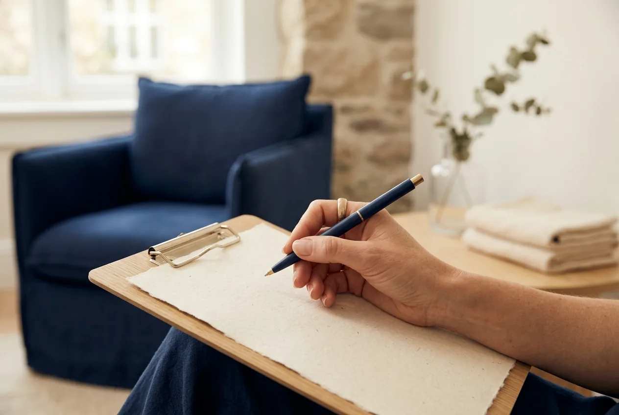 Hand met pen en checklist aan tafel bij intake