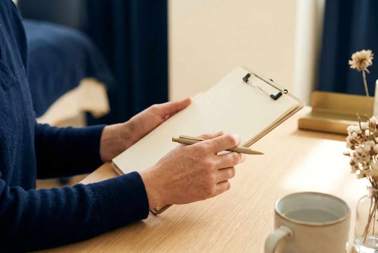 Handen met notitieblok met vragen voor een intakegesprek in een kliniek