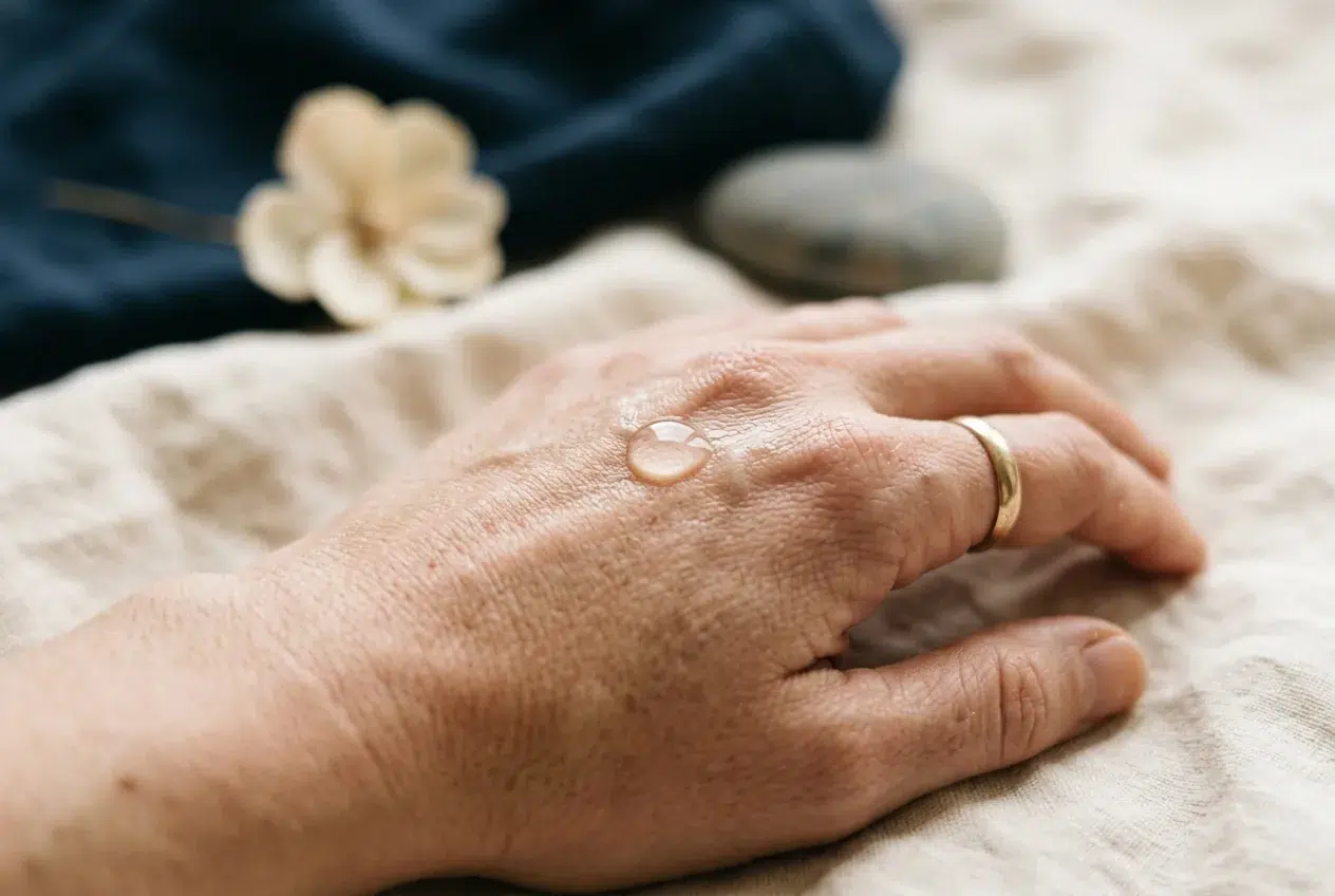 Druppel vocht op de huid van een hand in zacht daglicht