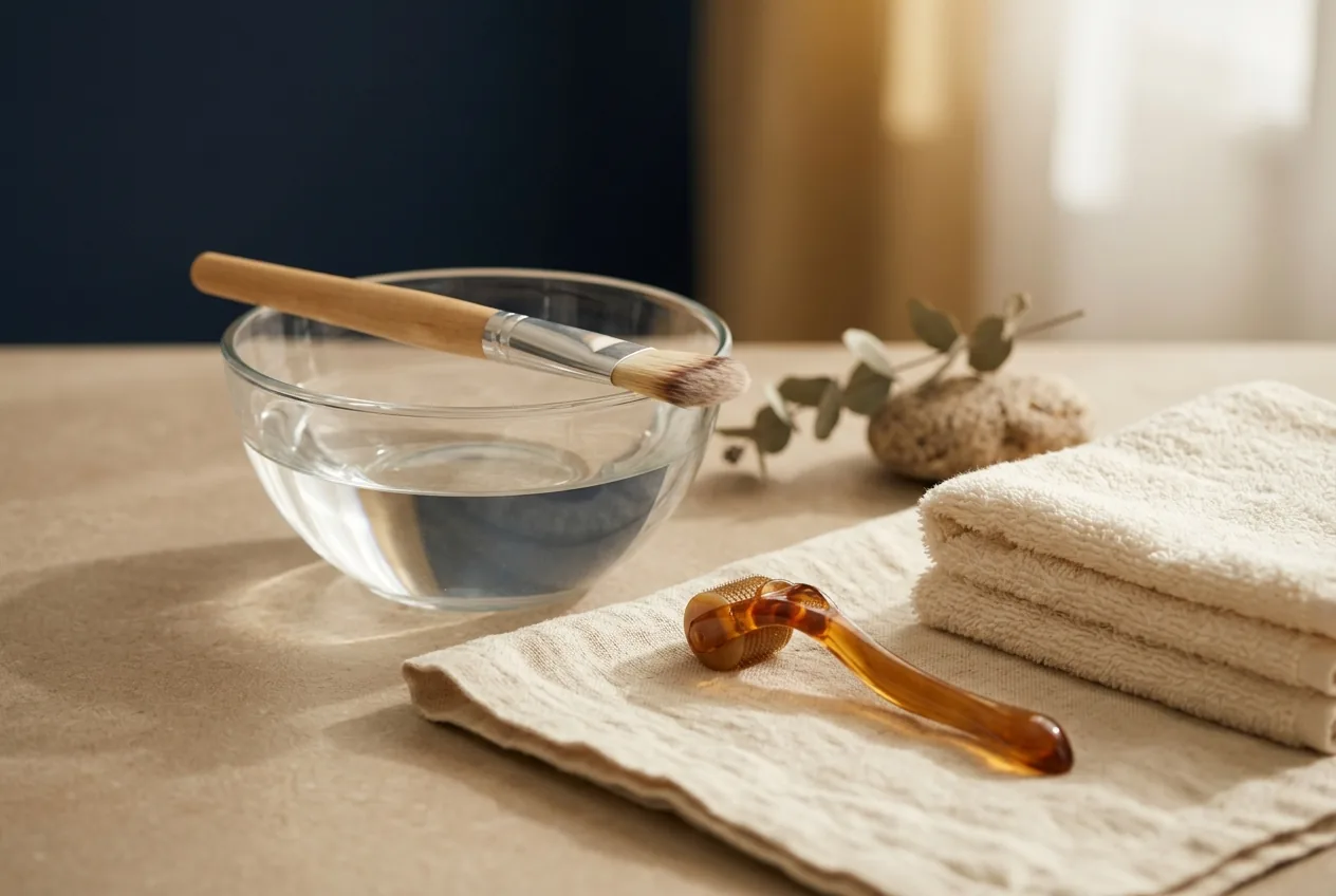 Behandeltools, zoals een kwast en dermaroller, op een rustige spa-ondergrond
