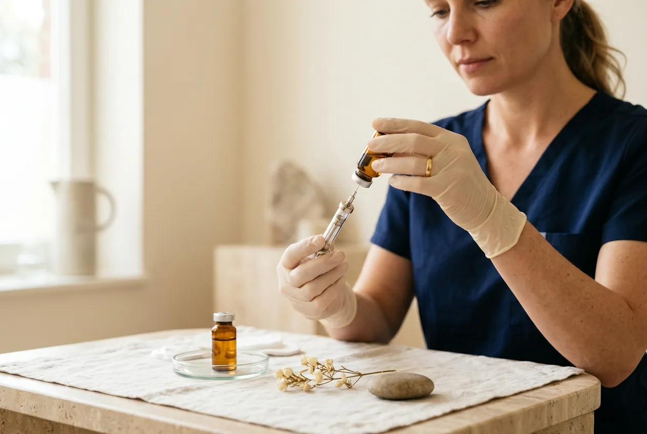 Kliniekmedewerker bereidt injectables behandeling voor zonder merknaam