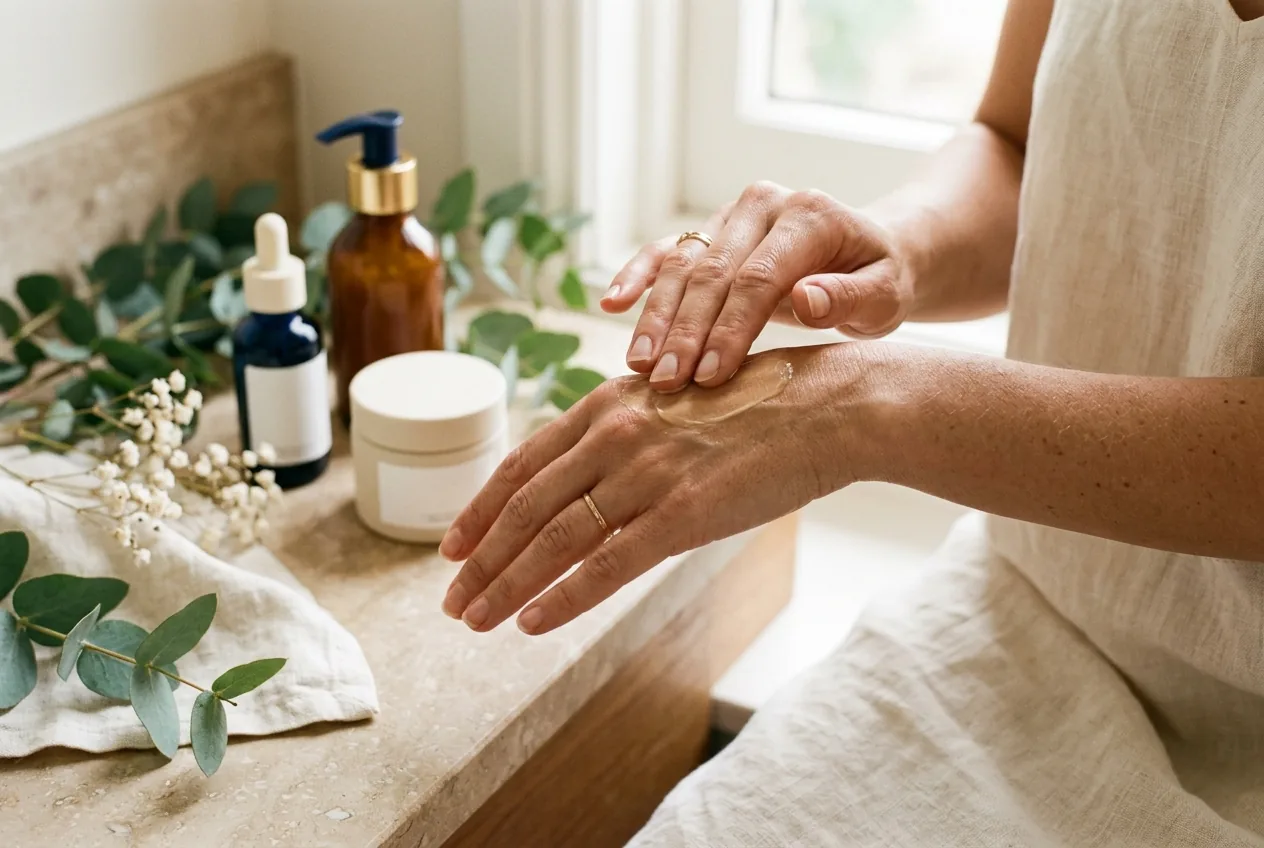 Hand brengt verzorgende crème aan, omringd door huidverzorgingsproducten