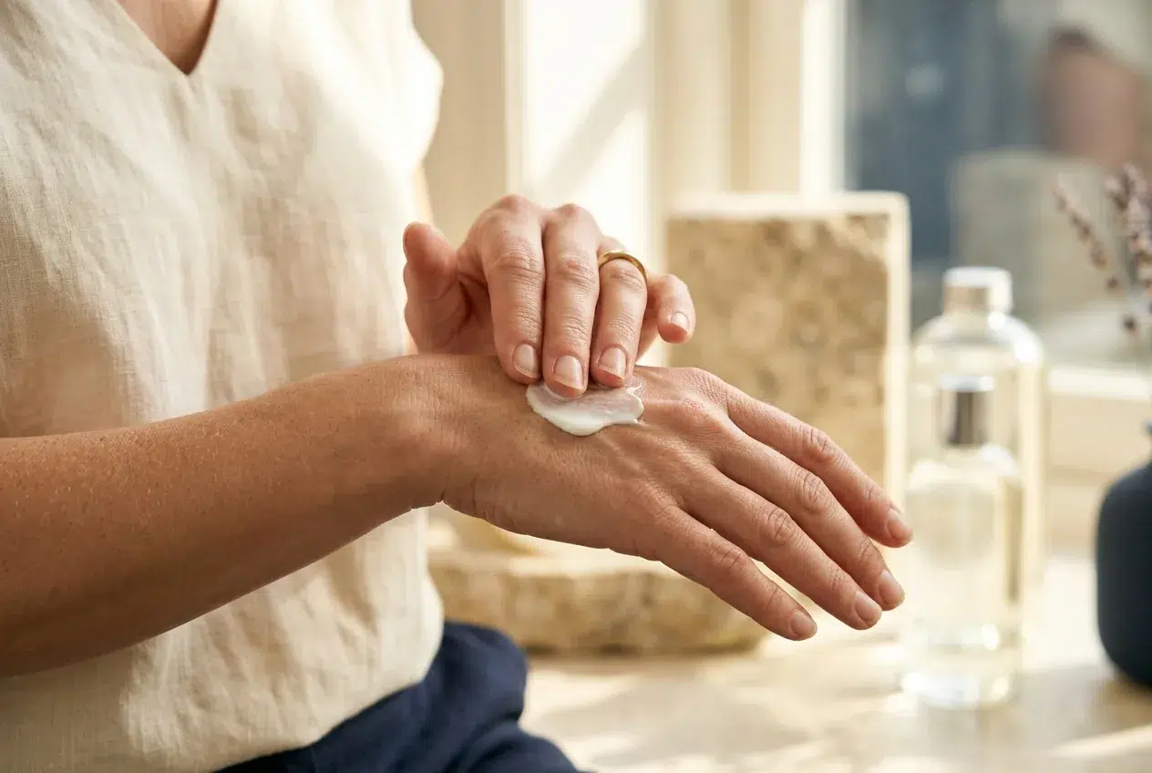 Hand die zonbescherming aanbrengt met zonlicht in de achtergrond