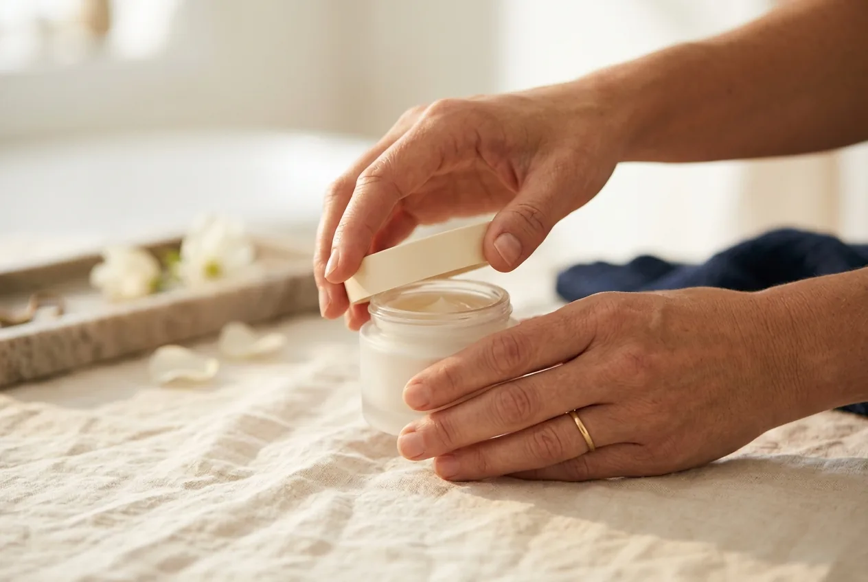 Handen openen een potje hydraterende crème op een lichte ondergrond