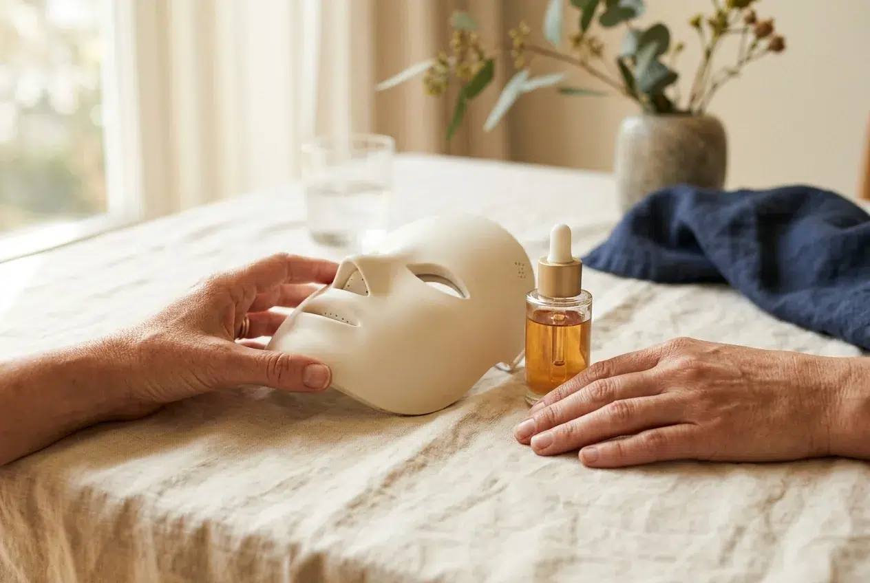 Handen houden een LED-masker en serum op tafel