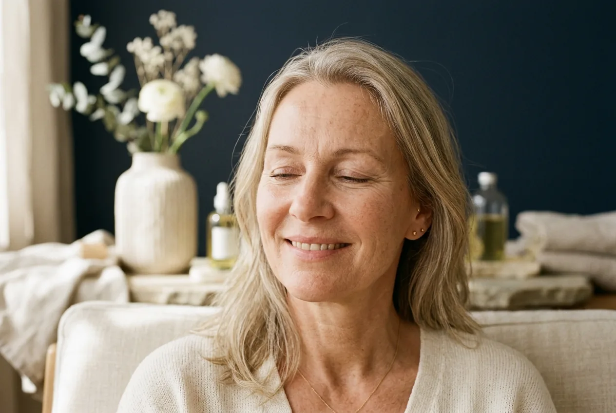 Close-up van een ontspannen vrouw met een gezond uitziende huid