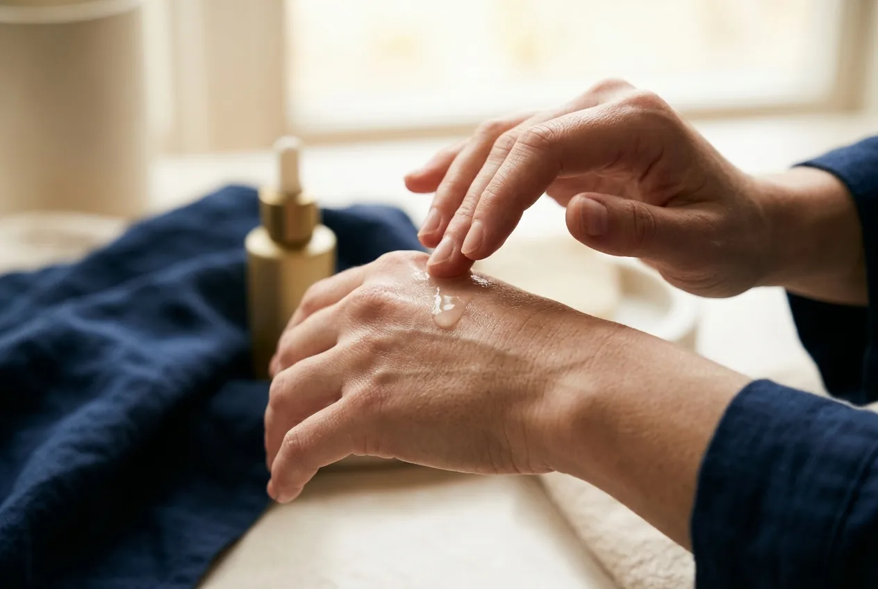 Hand brengt transparant serum aan op de huid, neutrale setting