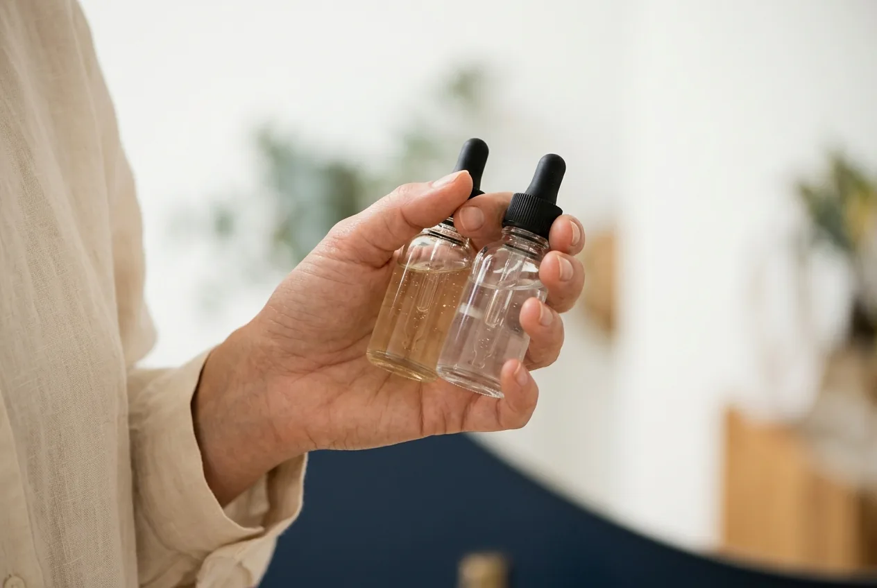 Hand met twee serums, focus op textuur en kleur