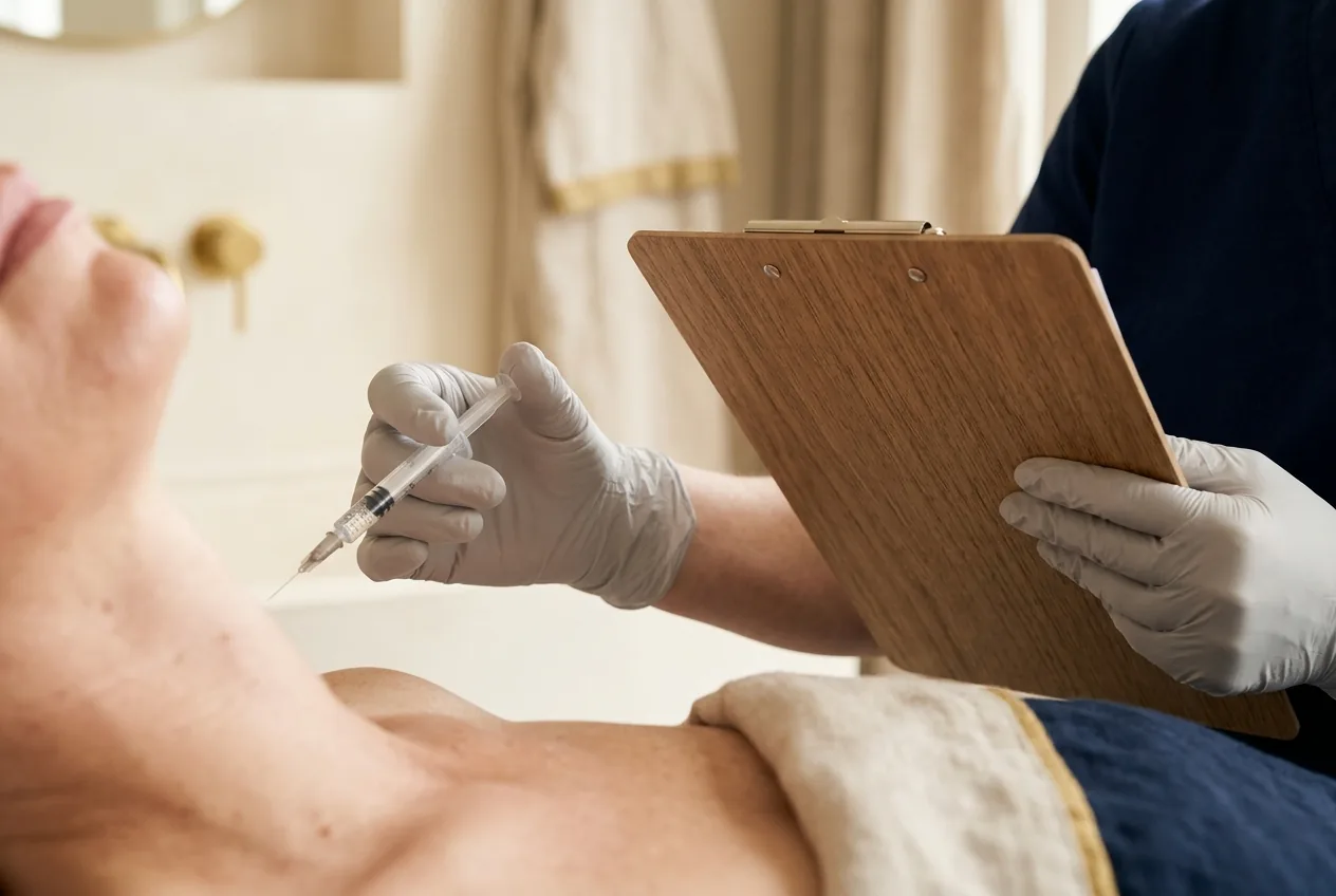 Close-up van gehandschoende handen met spuit en clipboard in medische omgeving
