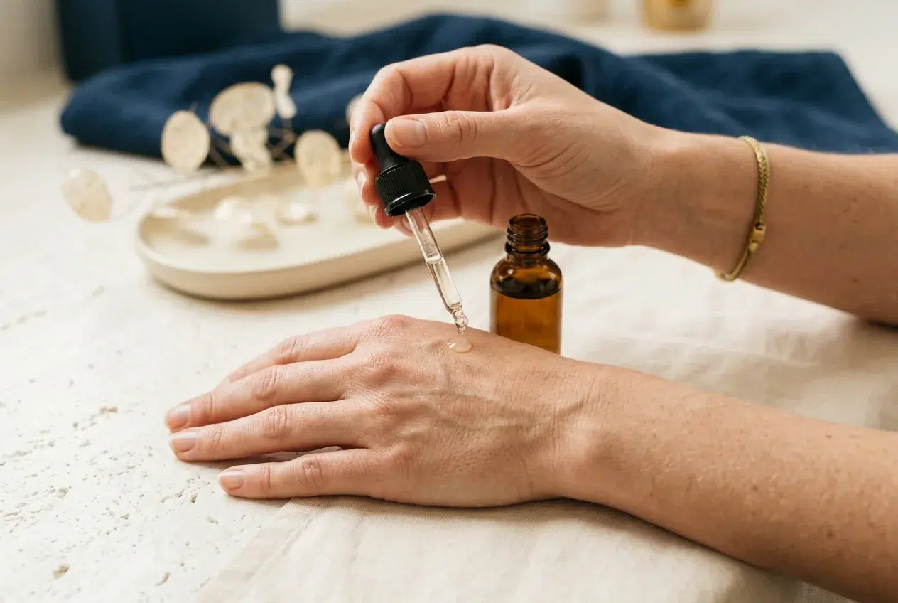 Handen die serum aanbrengen met een pipet op de huid