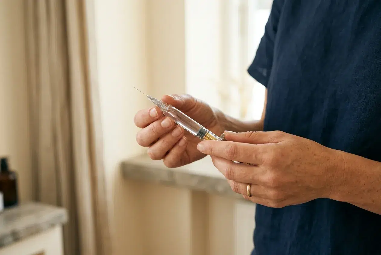 Handen met injectiespuit in een neutrale, klinische setting