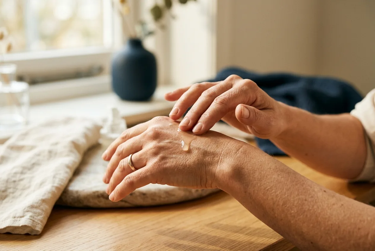 Handen brengen serum aan als onderdeel van anti-aging routine