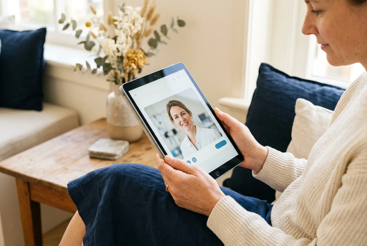 Handen met tablet die profiel van arts met neutrale achtergrond tonen