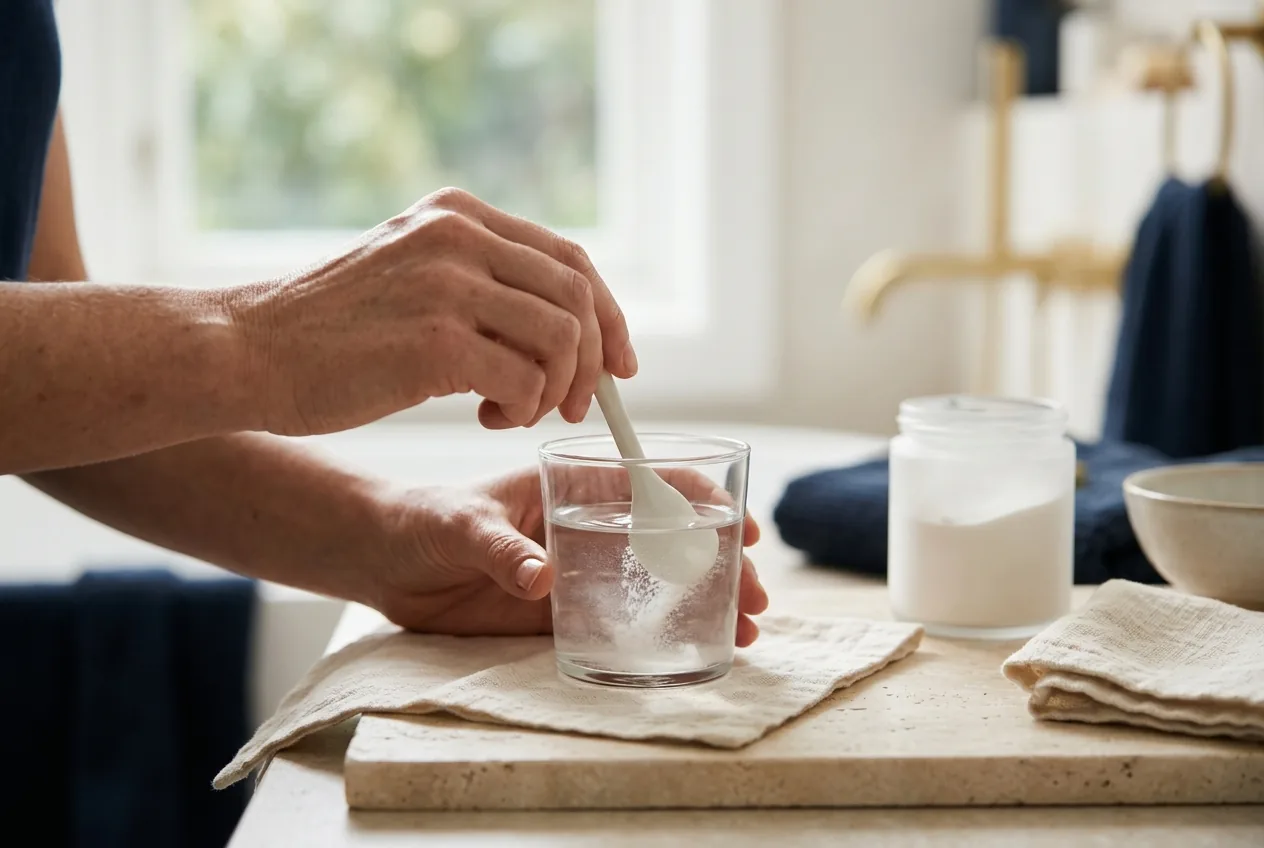 Handen roeren collageenpoeder in glas water, heldere lichte achtergrond