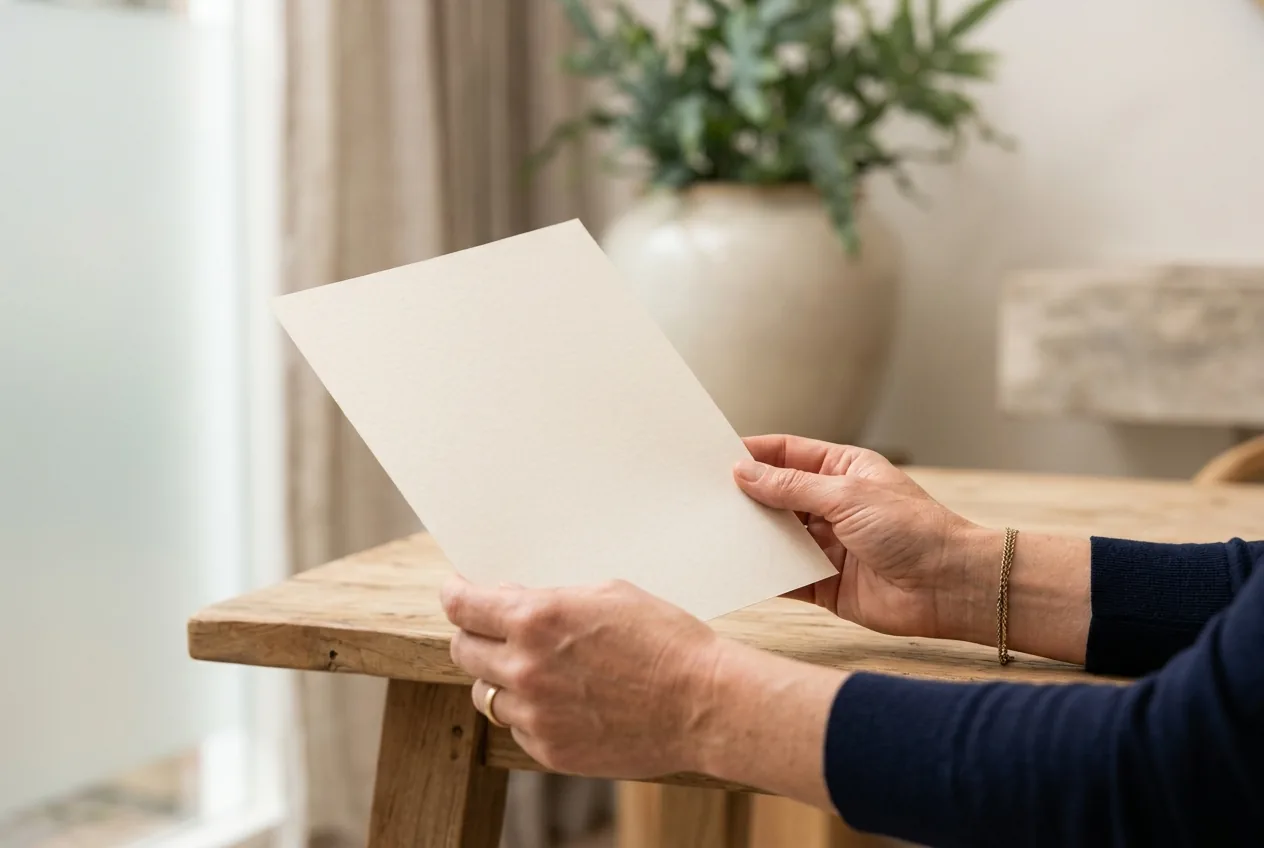 Handen die een licentie of diploma vasthouden boven een witte tafel, neutrale achtergrond