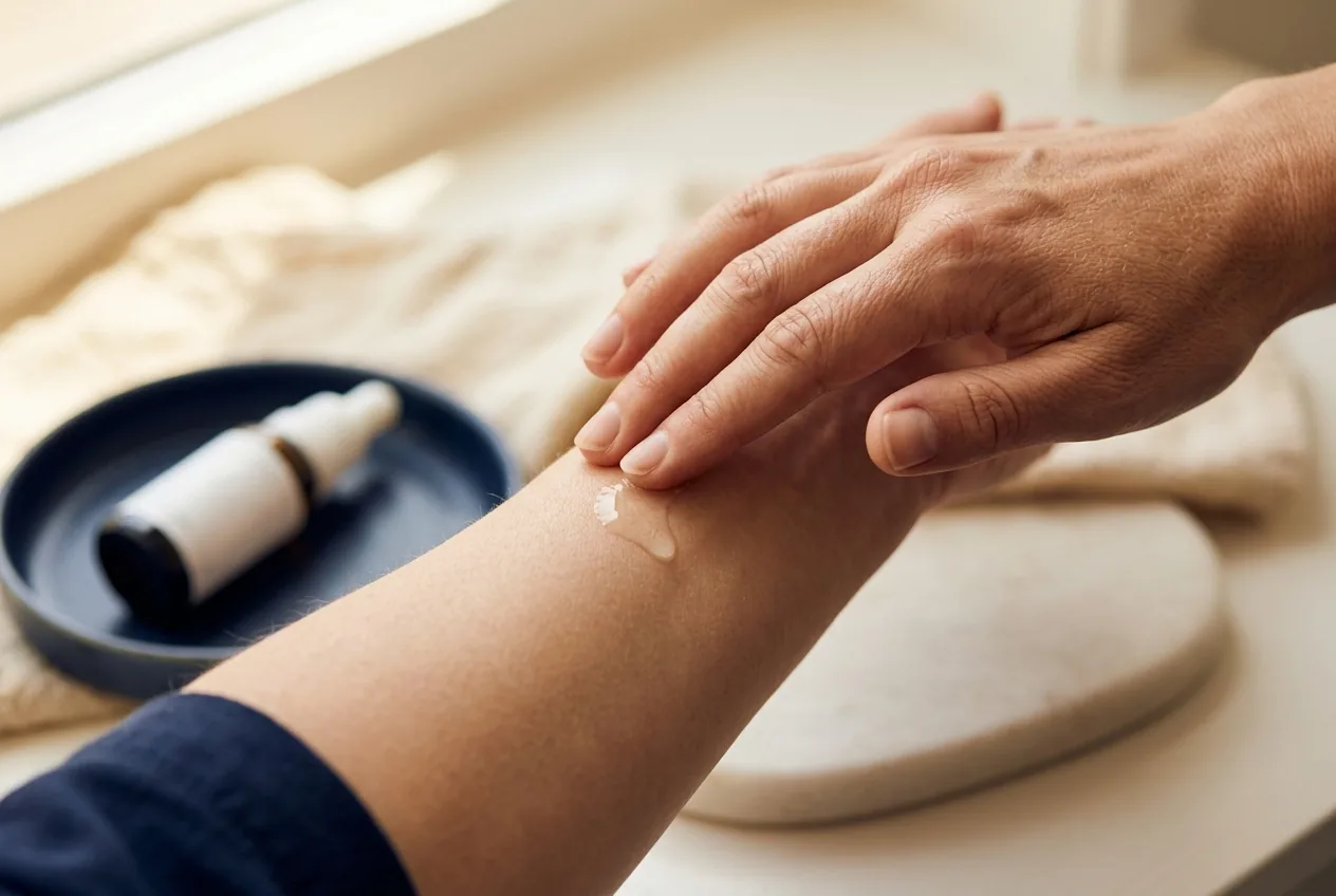 Hand brengt transparant serum aan op gladde huid in zonnig licht