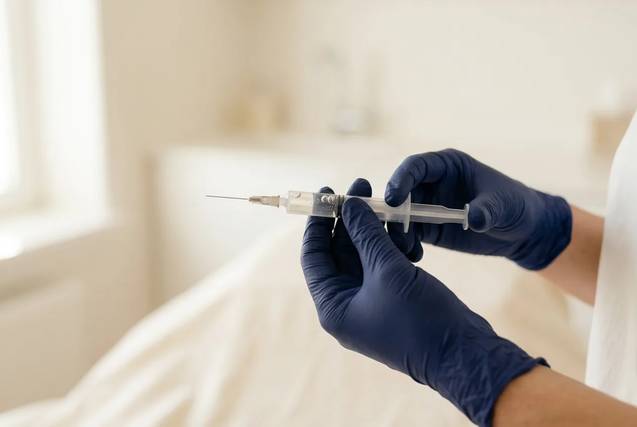 Gladde handen met injectiespuit in heldere behandelruimte