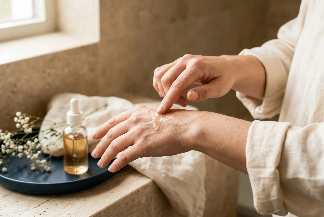 Vrouw test huidserum op de rug van haar hand