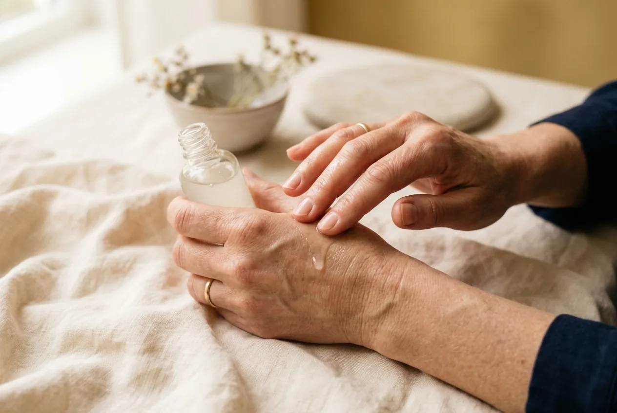 Handen brengen serum aan op de huid, neutrale achtergrond