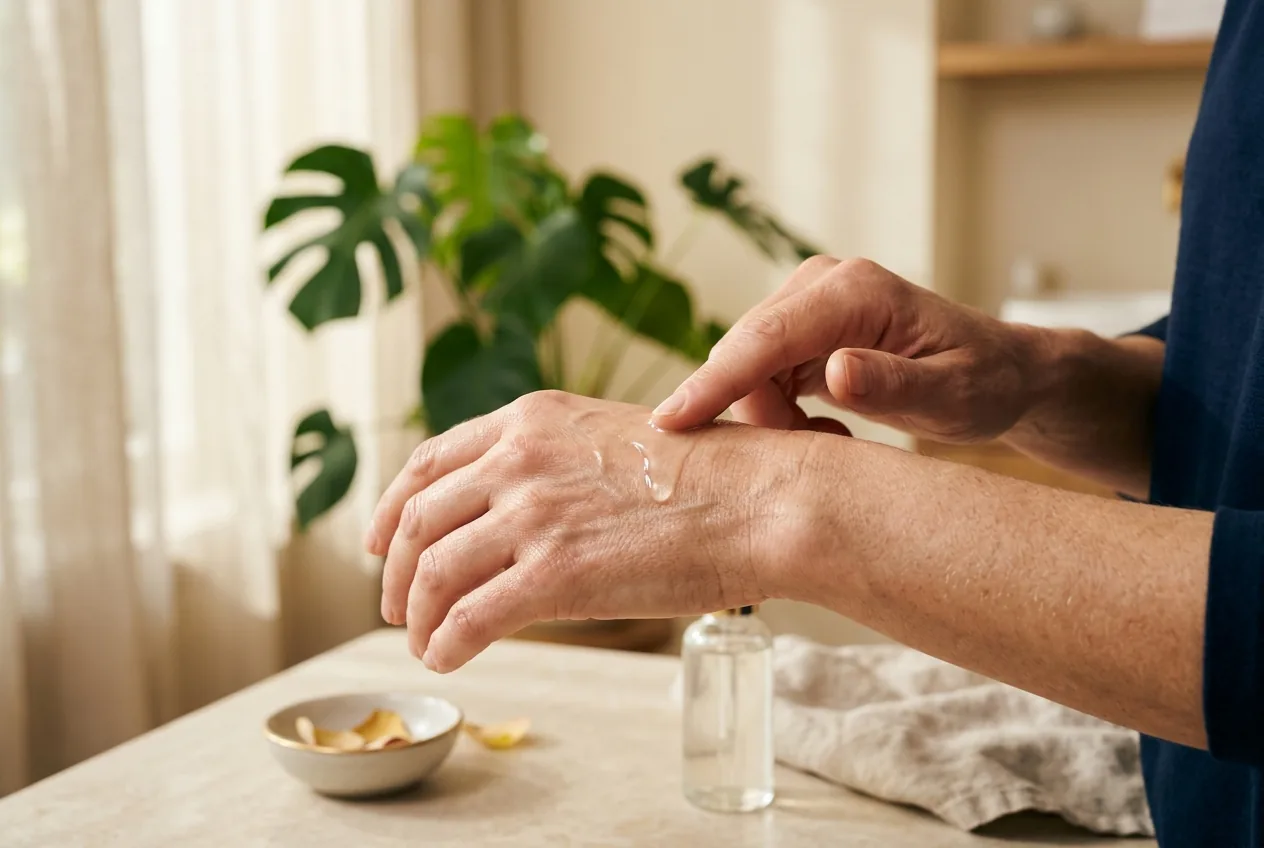 Hand die serum aanbrengt met klinisch licht