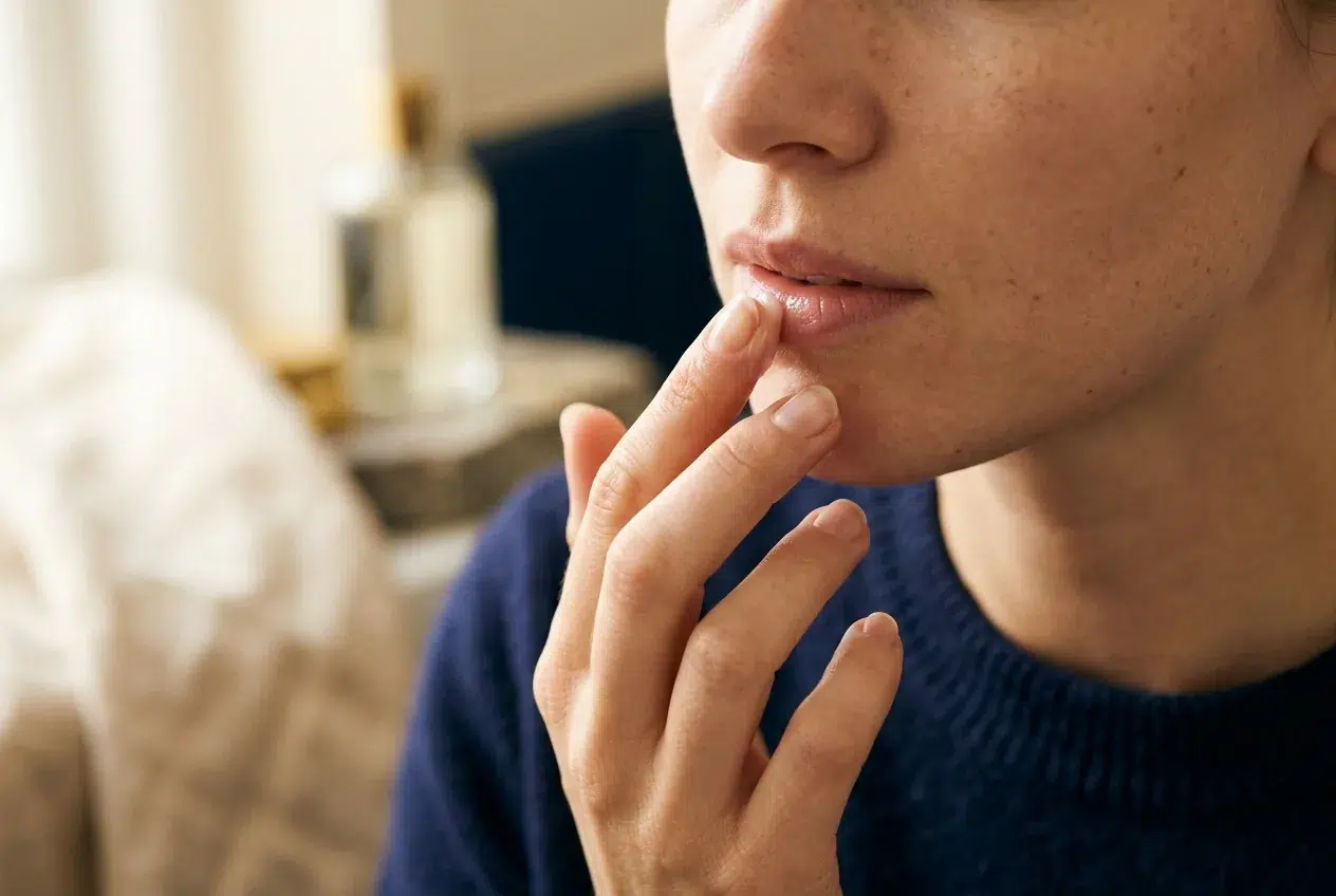 Handen brengen verzorgende balsem aan op natuurlijke lippen