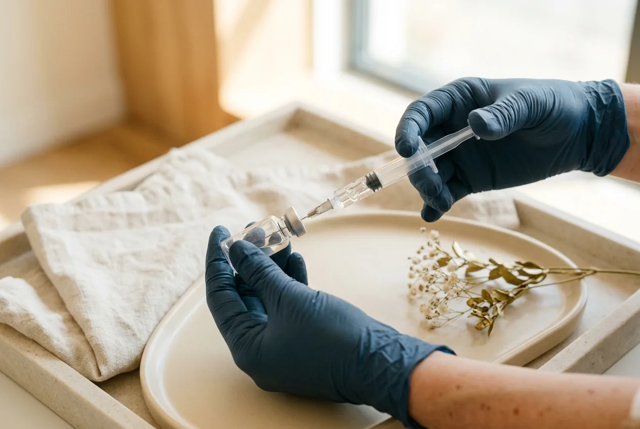 Handen die een injectiespuit met filler klaarmaken