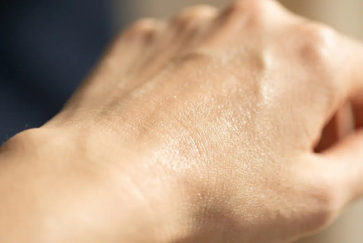 Gezonde huidtextuur met lichte glans, zonder make-up