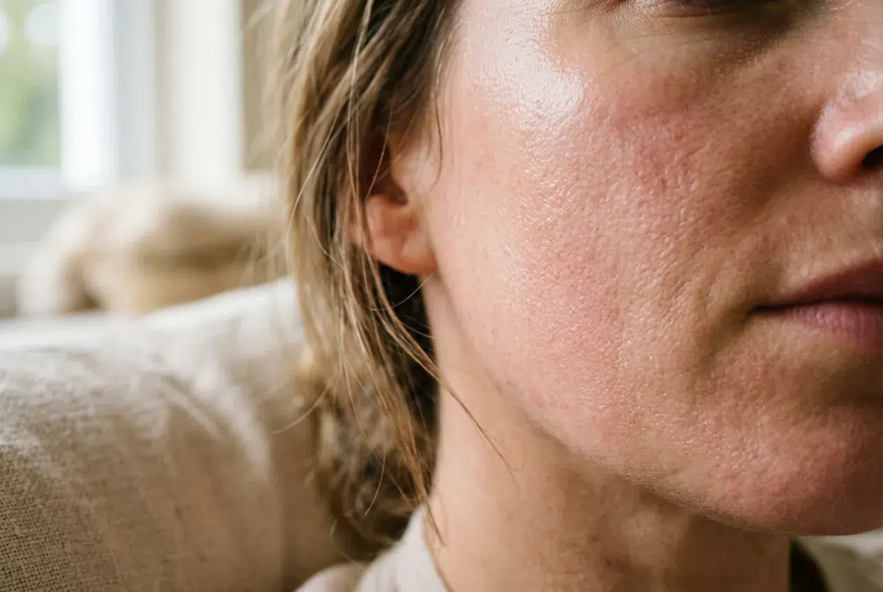Gezichtshuid kort na microneedling, licht rood en gehydrateerd