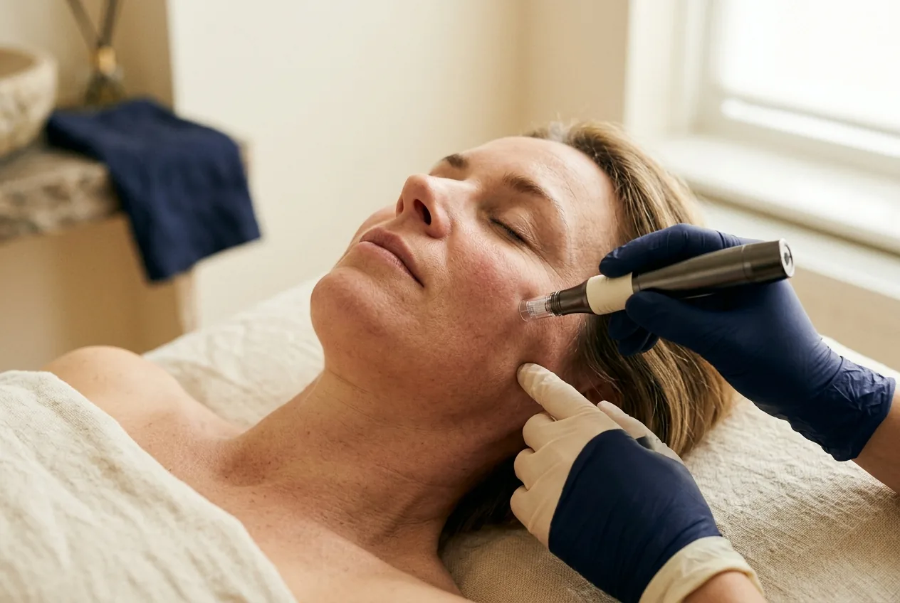 Gedetailleerde opname van een wang tijdens een microneedling-behandeling, met handschoenen en Dermapen zichtbaar