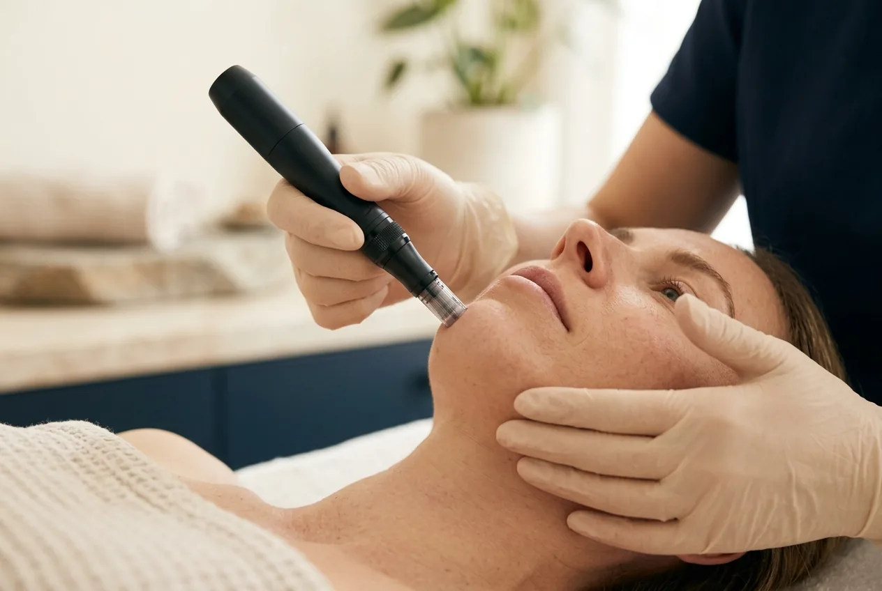 Microneedling-behandeling van de huid bij een persoon