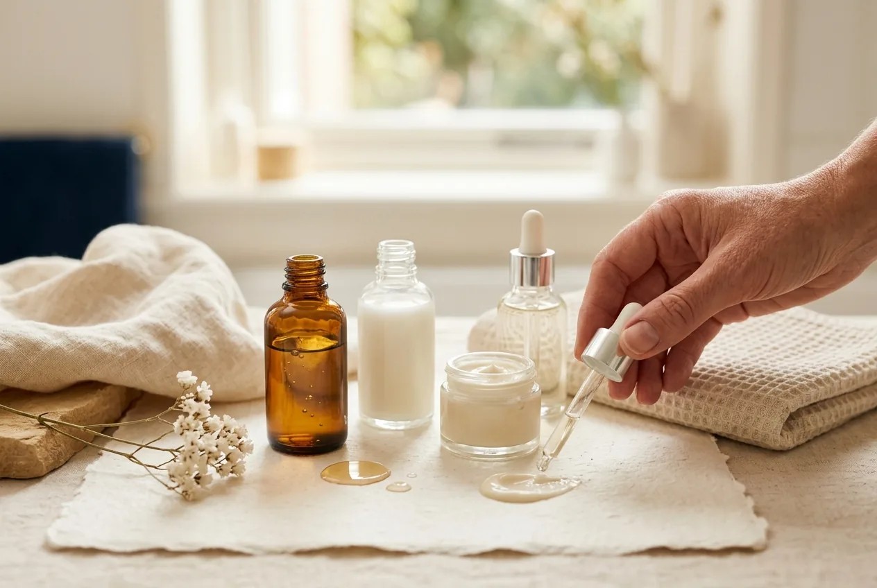 Verschillende huidserums en crèmes geschikt voor herstel na microneedling