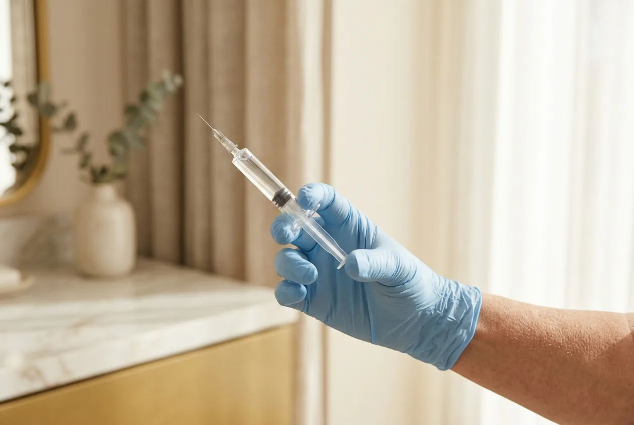 Injectiespuit met filler in handschoenhand, focus op veiligheid en hygiëne