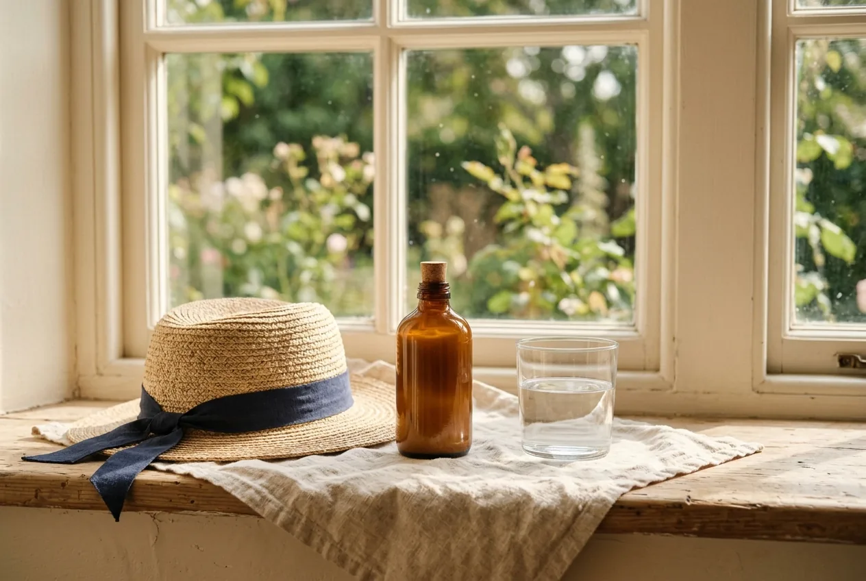 Zonnebrandcrème, een hoed en een glas water bij een licht raam
