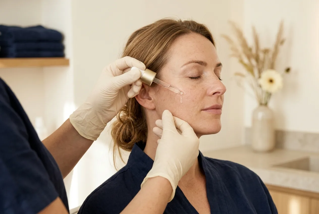 Gehandschoende handen brengen zacht een serum aan op het gezicht van een vrouw