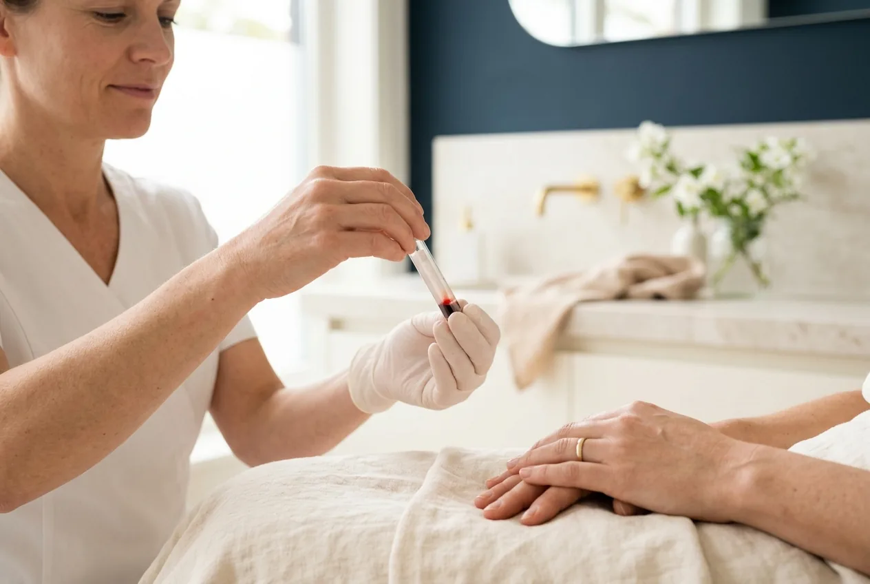 Handen mengen een bloedstaal in een schone kliniek, focus op hygiëne